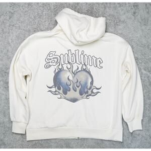 H&M Sublime Ivory Blue Logo Heart Sweatshirt Hoodie Full Zip Womens Size M